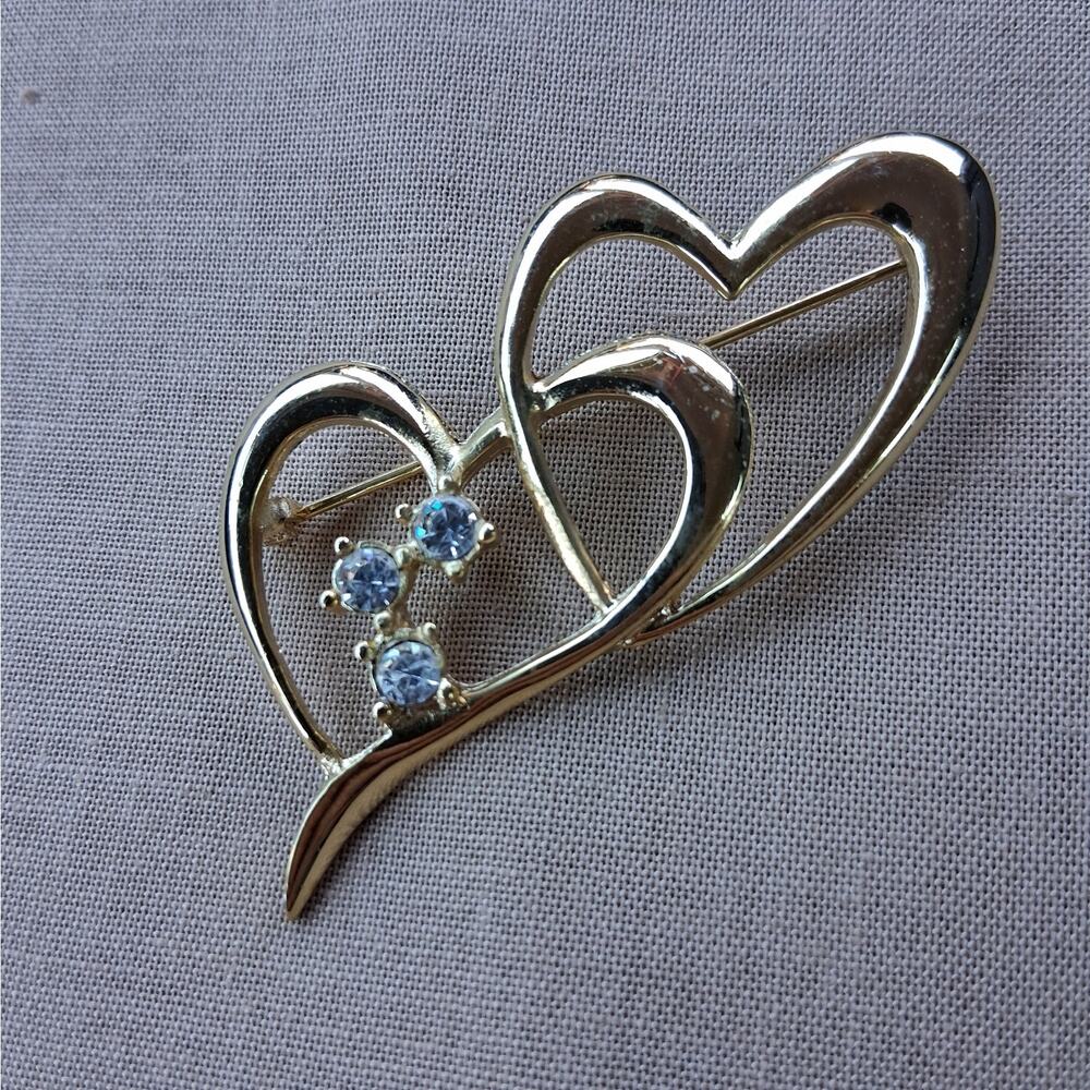 Gold Tone Double Heart Pin Brooch with Clear Rhinestone Accents